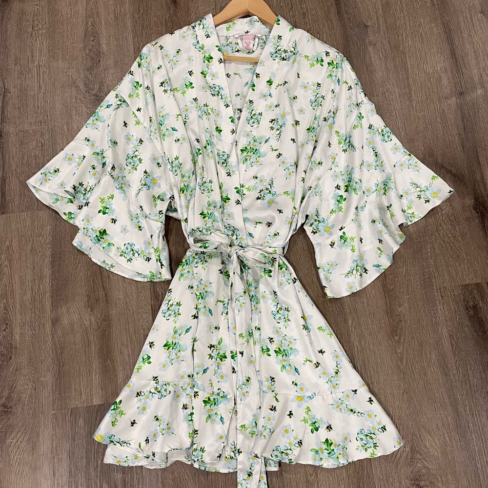Victorias Secret Satin Spring Summer Bumble Bee Floral Robe White Blue Green M/L